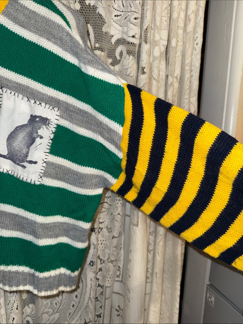 The Ragged Priest Green Gray White Striped Cropped Sweater with Contrast Sleeves - Picture 5 of 7